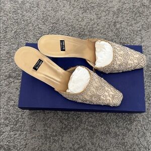Stuart Weitzman Womens 8B Shoes Heels Slip-On Mules Formal Lacework Brown Gold